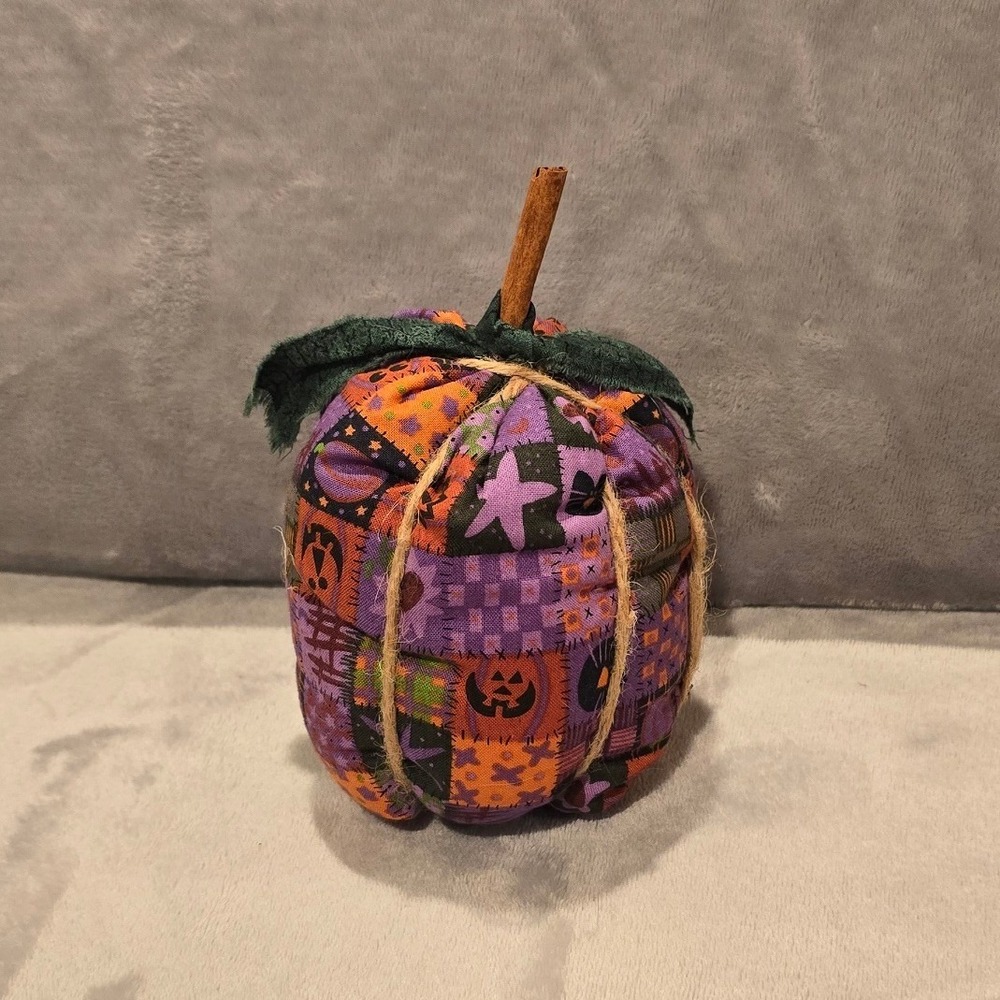 Handmade Patchwork Fabric Pumpkin Halloween Decor Cinnamon Stick Stem Purple 6.5